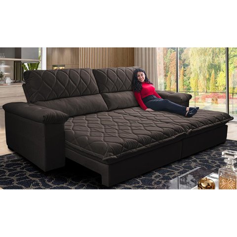 Sofá Retrátil e Reclinável 2,95m Molas Ensacadas Cama inBox Big Home Bordado 3D Linho Marrom
