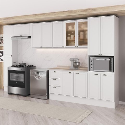 Cozinha Completa com Armário e Balcão Milla Anna Clean 14 Portas 3 Gavetas MDF 390cm Branco Mó