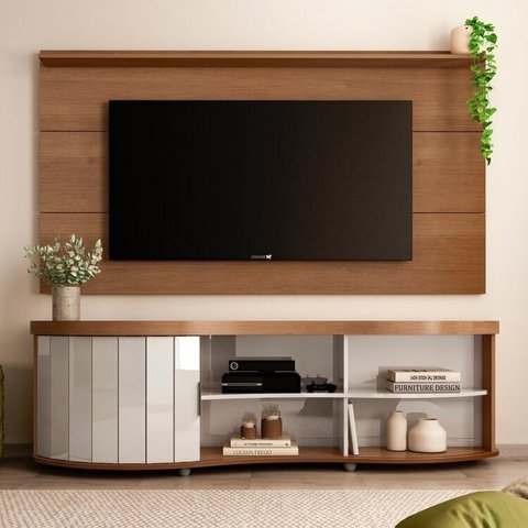 Conjunto de 2 Peças Painel Slim e Rack Suporta com Segurança Tvs 75 Polegadas Magnum Marrom Cinamomo