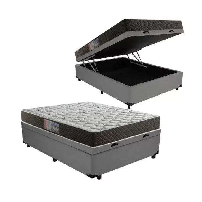 Cama Box Baú Casal Conforto Suede Cinza + Colchão Casal Conforto Espuma D33 Com EPS 24x138x188