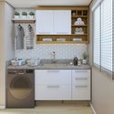 Ver imagem 1 de Lavanderia Modulada com Balcão e Armário Aéreo com Nicho 100% MDF Burguesa Marrom/Amadeirado Freijó/Branco