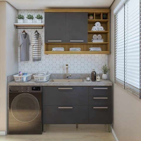 Lavanderia Modulada com Balcão e Armário Aéreo com Nicho 100% MDF Burguesa Marrom/Amadeirado Freijó/Grafite