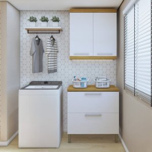 Lavanderia Modulada com Balcão 2 Portas e Armário Aéreo 100% Mdf Burguesa