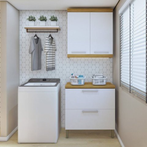 Lavanderia Modulada com Balcão 2 Portas e Armário Aéreo 100% MDF Burguesa Marrom/Amadeirado Freijó/Branco