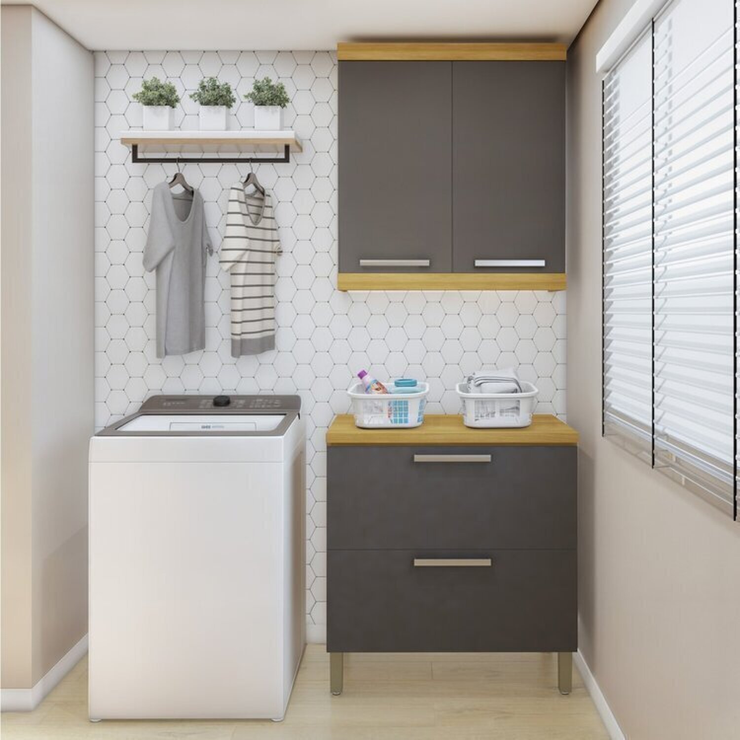 Lavanderia Modulada com Balcão 2 Portas e Armário Aéreo 100% Mdf Burguesa - 1