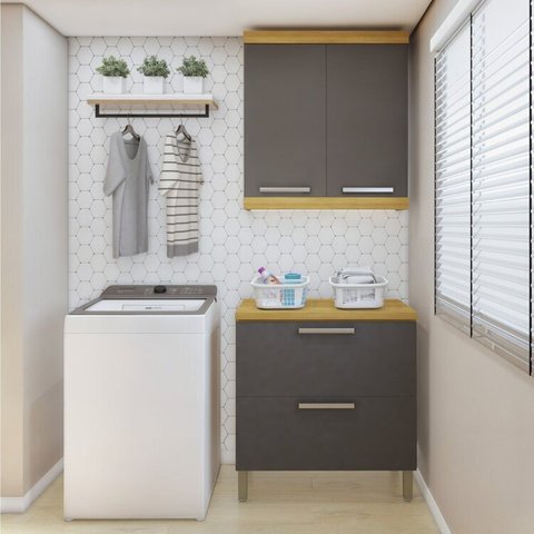 Lavanderia Modulada com Balcão 2 Portas e Armário Aéreo 100% MDF Burguesa Cinza/Amadeirado Freijó/Grafite