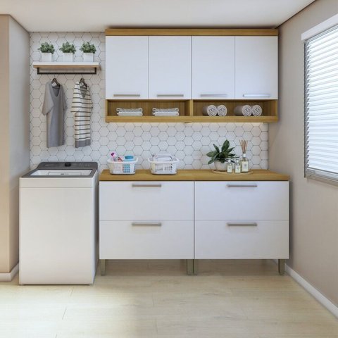 Lavanderia Modulada com 2 Balcões e 2 Armários Aéreos 100% MDF Burguesa Marrom/Amadeirado Freijó/Branco
