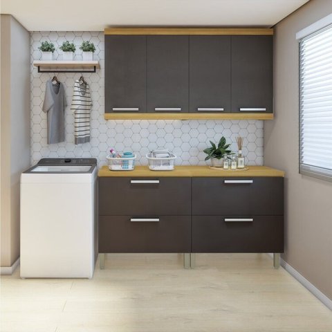 Lavanderia Modulada com 2 Balcões e 2 Armários Aéreos 100% MDF Burguesa Cinza/Amadeirado Freijó/Grafite
