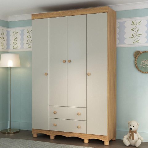 Guarda-roupa Infantil 122cm 4 Portas e 2 Gavetas Dengo Multimóveis Mp4438 Madeirado/off White