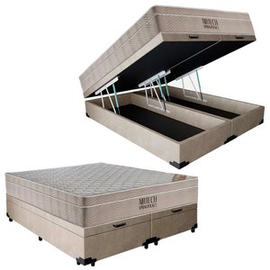 Cama Box Baú Casal Sintético Bipartido + Colchão Ortobom Airtech Molas Ensacadas 138x188x65 Cor:bege