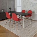 Ver imagem 1 de Mesa Industrial Base Ferro Branco 137x90 Tampo Preto 4 Cadeiras Eiffel Madeira Assento Vermelho
