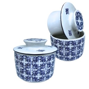 Manteigueira Francesa Branca Decoração azul Não precisa ir na geladeira Prattos