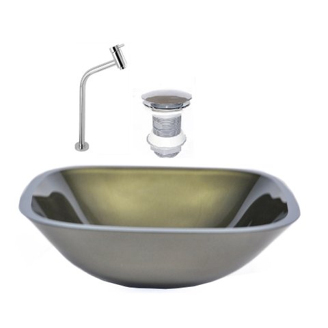 CUBA DE VIDRO QUADRADA 35CM OURO ENVELHECIDO + VALVULA + TORNEIRA METAL