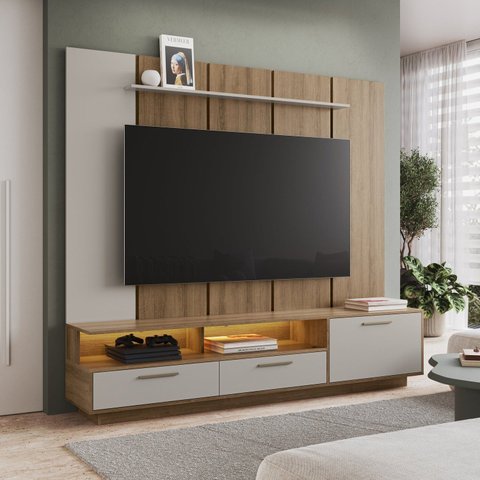 Rack Painel para TV até 75 Polegadas com 200cmx181cm Iluminação Led Ravenna Marrom Arenas/Mel