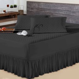 Kit Protetor Casal Queen + 2 Porta Travesseiro Impermeável com Saia Box Preto - 1