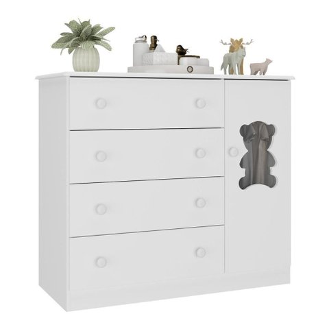 Cômoda Infantil 95cm 1 Porta com Vidro e 4 Gavetas Teddy Multimóveis Mp4489 Branco Branco