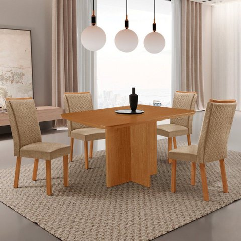 Mesa de Jantar Olímpia 120cm Tampo MDF Laminado Canto Copo com 4 Cadeiras Lisa