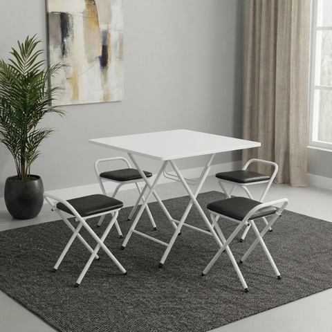 Conjunto Sala de Jantar 4 Lugares Mesa Dobrável Quadrada Banquetas em Aço Dani Branco/Preto