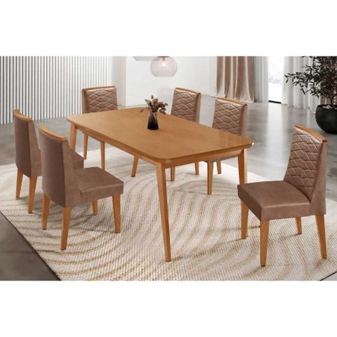 Sala de Jantar Completa Havana C/ Tampo Madeirado Canto Curvo 180x90cm e 6 Cadeiras Maldivas