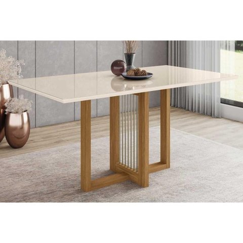 Mesa para Cozinha Natalí Sc70 + Tampo Madeirado Vidro Reto 160x90cm Nature-off White - Henn