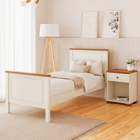 Conjunto Dormitório 1 Cama Solteiro 1 Mesa de Cabeceira Ananda CabeCasa MadeiraOriginals Bege/Imbuia/Offwhite