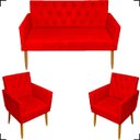 Ver imagem 1 de Kit Namoradeira Decorativa Para Sala Capitonê Com Base + 2 Poltronas Para Recepção Suede