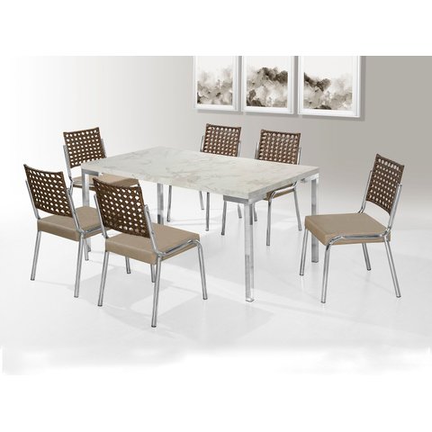 Conjunto Mesa Aço Cromado 1,60 m + 6 Cadeira Nobre Junco