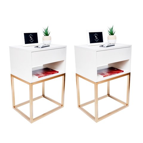 Kit 2 Mesas Cabeceira Industrial 40cm Branco Gavetas e Nicho Base Metal Dourado Lateral Cama