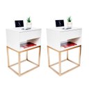 Ver imagem 1 de Kit 2 Mesas Cabeceira Industrial 40cm Branco Gavetas e Nicho Base Metal Dourado Lateral Cama