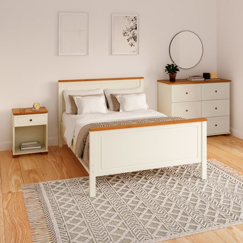 Conjunto Dormitório 1 Cama Casal 1 Mesa de Cabeceira 1 Cômoda Ananda CabeCasa MadeiraOriginals Bege/Imbuia/Offwhite