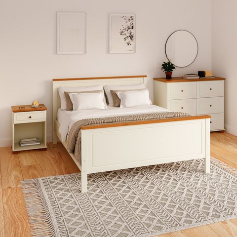 Conjunto Dormitório 1 Cama Queen 1 Mesa de Cabeceira 1 Cômoda Ananda CabeCasa MadeiraOriginals Bege/Imbuia/Offwhite