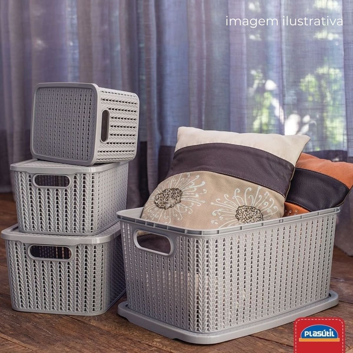 Conjunto 6 caixas organizadoras 2,8L Trama com tampa Azul - 3