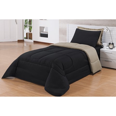 Kit Edredom Solteiro 4 Peças Pérola Preto/avelã