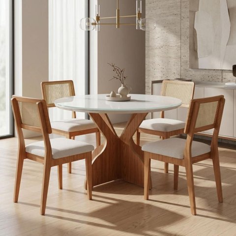 Mesa de Jantar com Tampo de Vidro e 4 Cadeiras Tecido Bouclé em MDF Cor:Freijó com Off White e