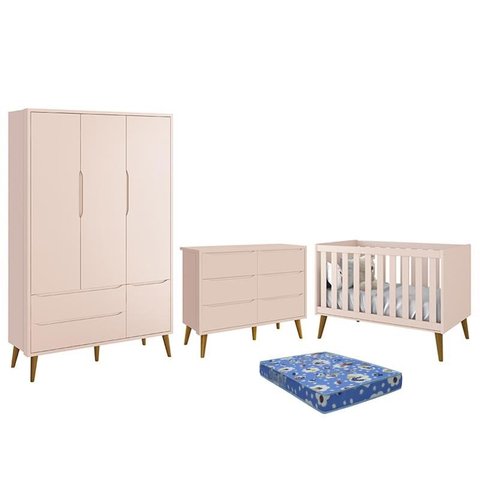 Dormitório Theo 3 Portas, Cômoda 6 Gavetas, Berço Rosa Fosco com Pés Amadeirado e Colchão - Reller M