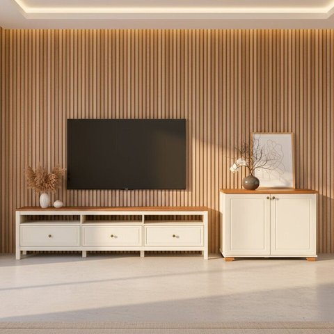 Conjunto de Sala Peças com Rack 2,10 e 1 Armário 2 Portas Ananda CabeCasa MadeiraOriginals Branco Off White/Mel