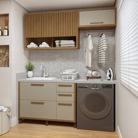 Lavanderia Modulada 2 Armários Aéreos e Balcão Torino Bege/Cinamomo/Off White
