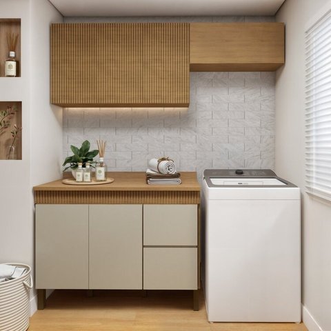 Lavanderia Modulada 2 Armários Aéreos e Balcão 120cm Dakota Bege/Cinamomo/Off White