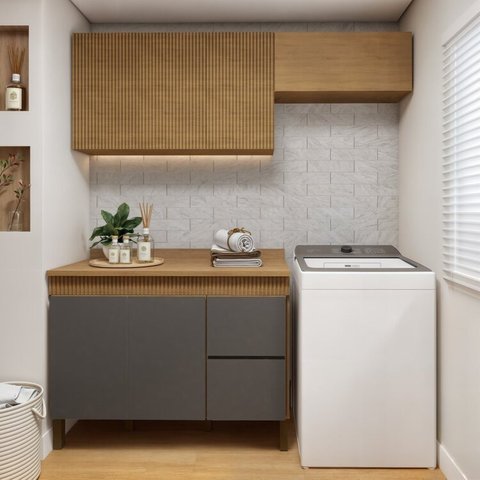 Lavanderia Modulada 2 Armários Aéreos e Balcão 120cm Dakota