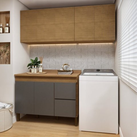 Lavanderia Modulada Balcão e 2 Armários Aéreos com Portas Frisado Dakota