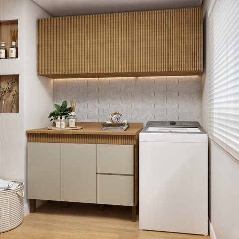 Lavanderia Modulada Balcão e 2 Armários Aéreos com Portas Frisado Dakota