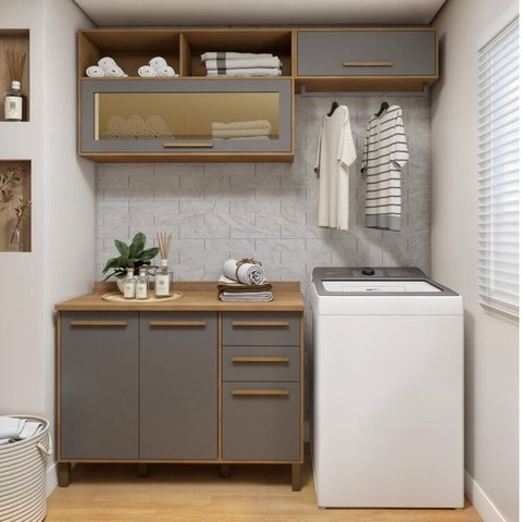 Lavanderia Modulada Balcão 3 Portas e 2 Armários Aéreos com 1 Porta Salvador