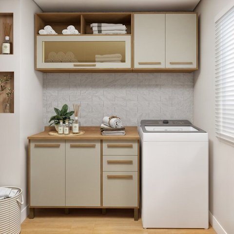 Lavanderia Modulada com 2 Armários Aéreos e Balcão 3 Portas Salvador Bege/Cinamomo/Off White