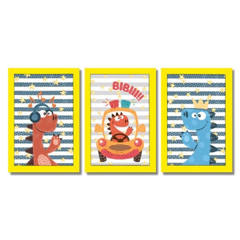 Kit Quadros Infantil Dino Kids 20X30 3 peças Arte na Arte Safari Aquarela Moldura Amarela