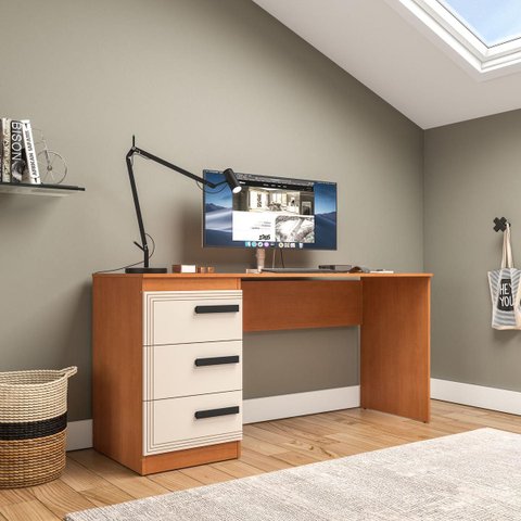 Mesa Escrivaninha Valência Home Office 3 Gavetas 163x77cm Creme/Freijó 250693