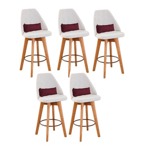 Kit 05 Banquetas Alta Maya Giratória Com Encosto Gourmet Linho Bege e Almofada Suede Bordô - Gat