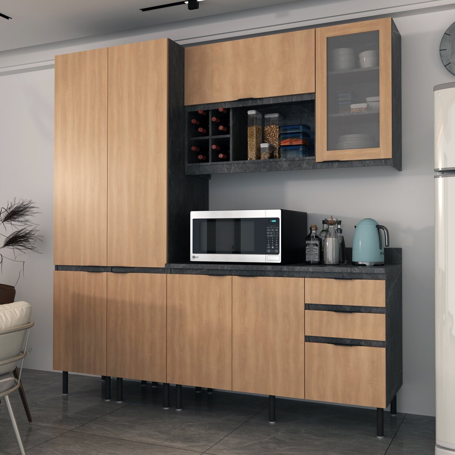 Cozinha Compacta Margarida 200cm com Tampo, 4 Peças, 8 Portas e 3 Gavetas com Divisor de Talheres