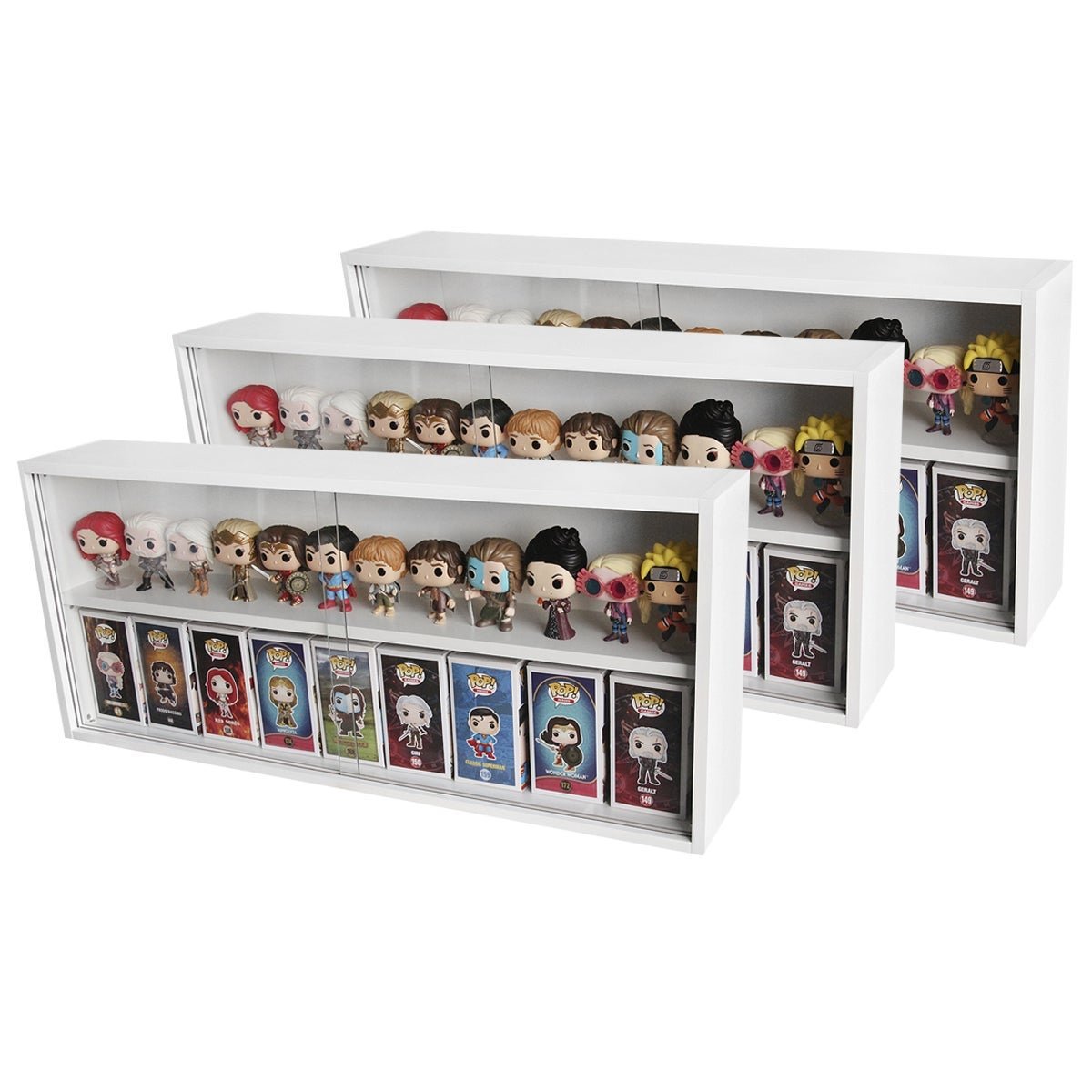 Expositor Funko Pop MDF, Branco, 2 Vãos, Portas em Vidro, Kit 3 Unidades - Dom Móveis