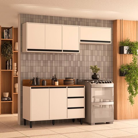 Cozinha Koya 3 Peças 200x214cm Armários Aéreos e Balcão 2 Portas com Tampo Creme 250039