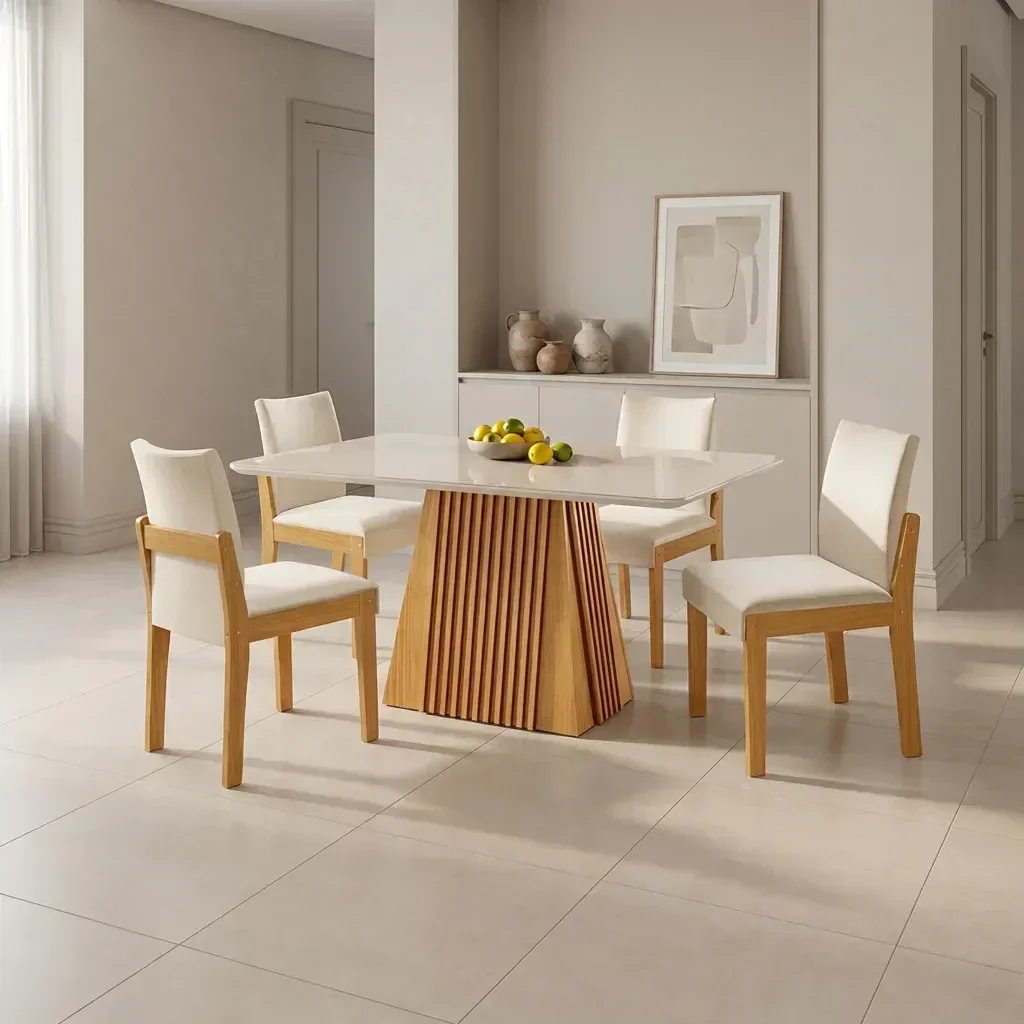 Ver imagem 1 de Conjunto de Jantar Mesa Áustria 120x80cm MDF/Vidro 4 Cadeiras Mônaco Estofadas Castanho Cinamomo/Off White Yescasa Marrom/Creme